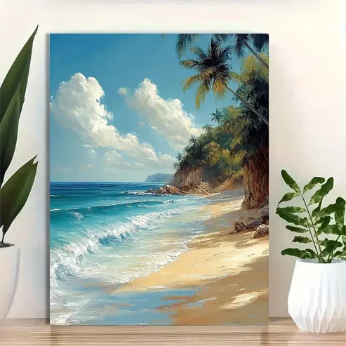 Beautiful Palm Trees & Ocean Waves Painting 60x90cm Metal Print Ready to Hang
