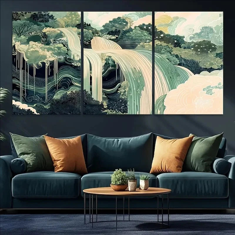 3pcs Japanese Jungle Waterfall Wall Art Metal Print Ready to Hang Art
