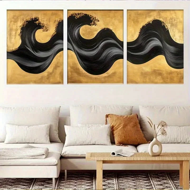 3pcs Black and Golden Abstract Wave Painting Metal Print Ready to Hang Art - Bella Home Decor