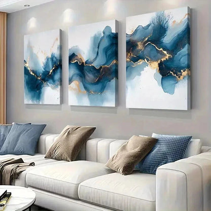 3pcs Blue And Golden Abstract Fluid e Wall Art Set Canvas Framed 50x70cm - High Quality Print 100% Australian Made Wall Canvas Ready to Hang - Bella Home Decor