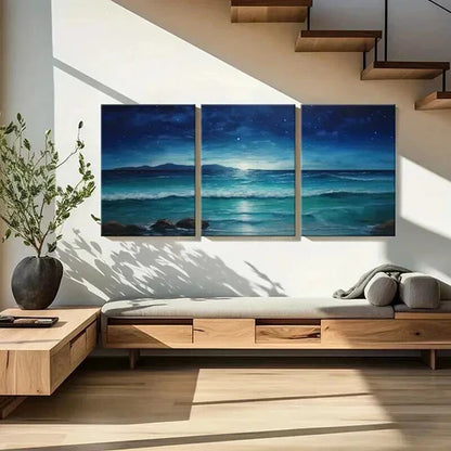 3pcs Natural Sea View At Night Starry Sky Wall Art Set Canvas Unframed - High Quality Print 100% Australian Made Wall Canvas