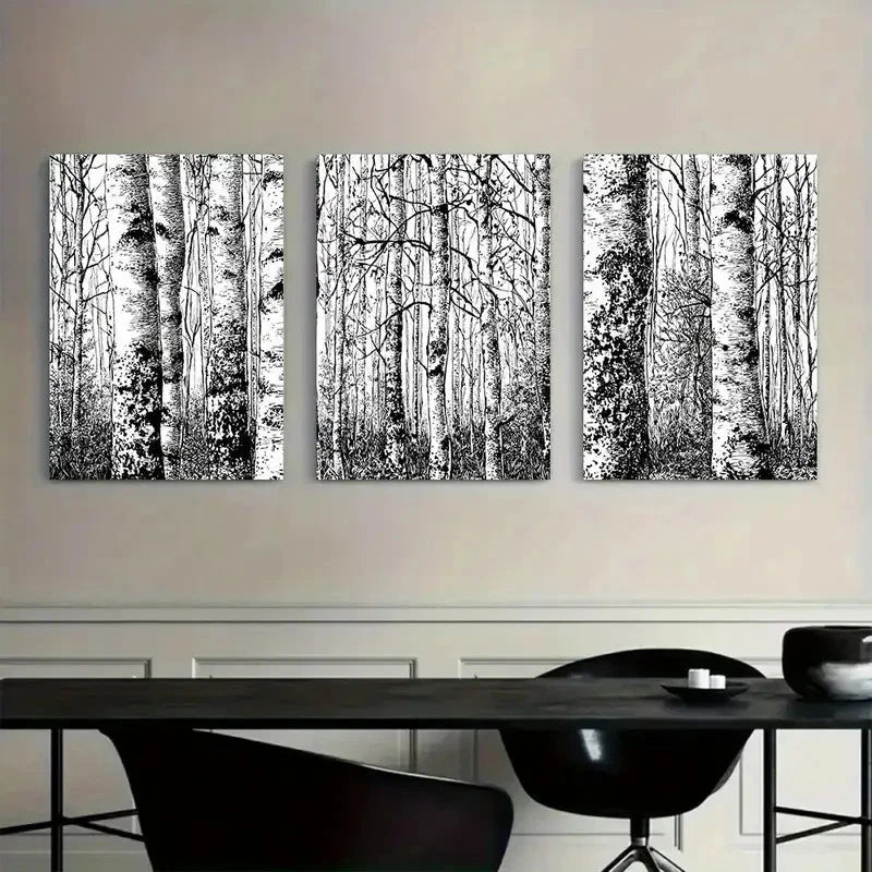 3pcs Black and White Scene of Birch Forest Metal Print Ready to Hang Art - Bella Home Decor