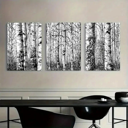 3pcs Black and White Scene of Birch Forest Metal Print Ready to Hang Art - Bella Home Decor