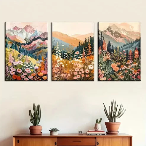 3pcs Abstract Art of Mountain And Flower Paint Wall Art Canvas Unframed - High Quality Print 100% Australian Made Wall Canvas - Bella Home Decor