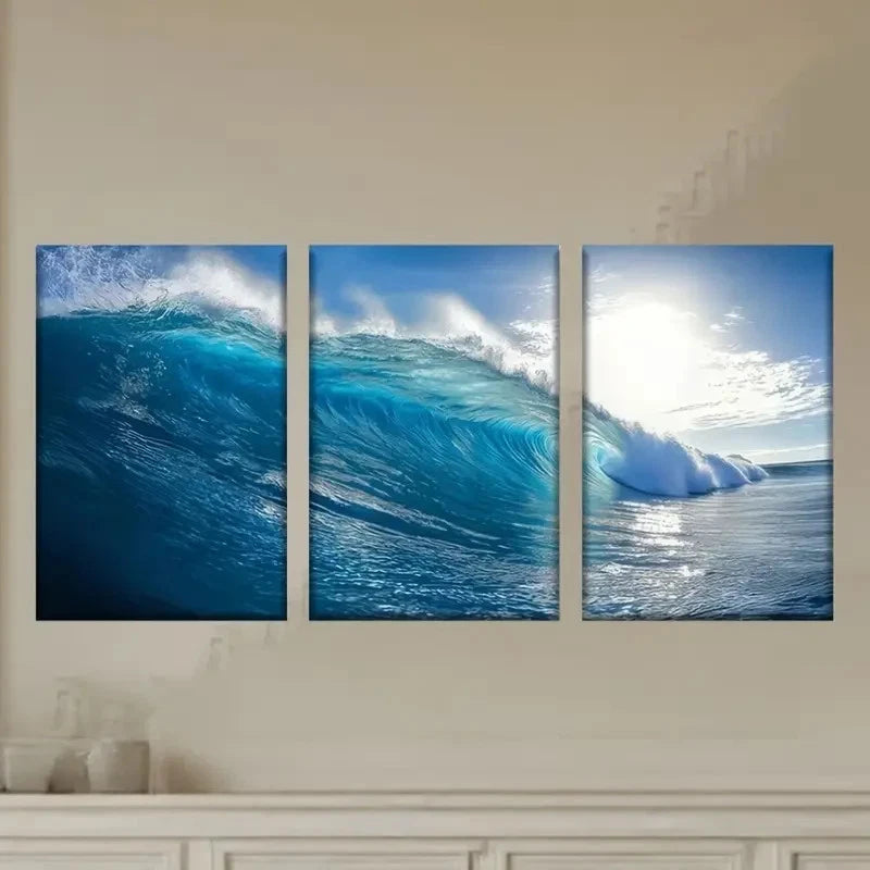 3pcs Vibrant Ocean Wave Posters, Polyester Wall Art Set Canvas Framed 40x60cm - High Quality Print 100% Australian Made Wall Canvas Ready to Hang - Bella Home Decor