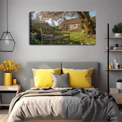 Countryside Cottage & Bench Wall Art Canvas Office Home Room Framed 120x60cm