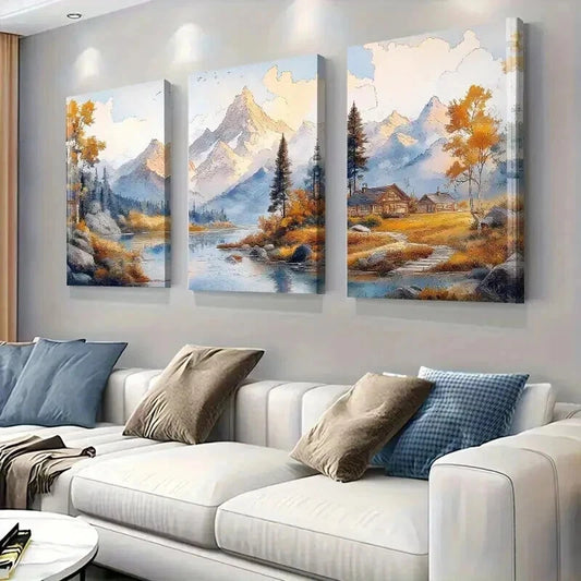 3pcs Scenic Autumn Views with Majestic Mountains Wall Art Set Canvas Framed 60x90cm - High Quality Print 100% Australian Made Wall Canvas Ready to Hang