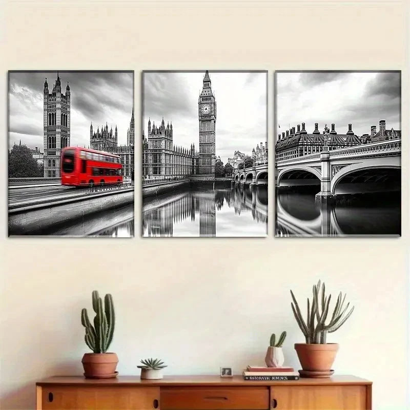 3pcs lack and White Big Ben and Red Bus Landscape Metal Print Ready to Hang Art