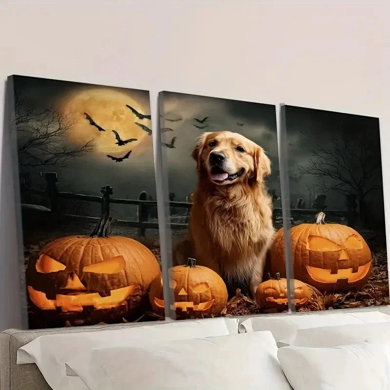 3pcs Pumpkin Surrounding Golden Retriever Wall Art Set Canvas Framed 60x90cm - High Quality Print 100% Australian Made Wall Canvas Ready to Hang - Bella Home Decor