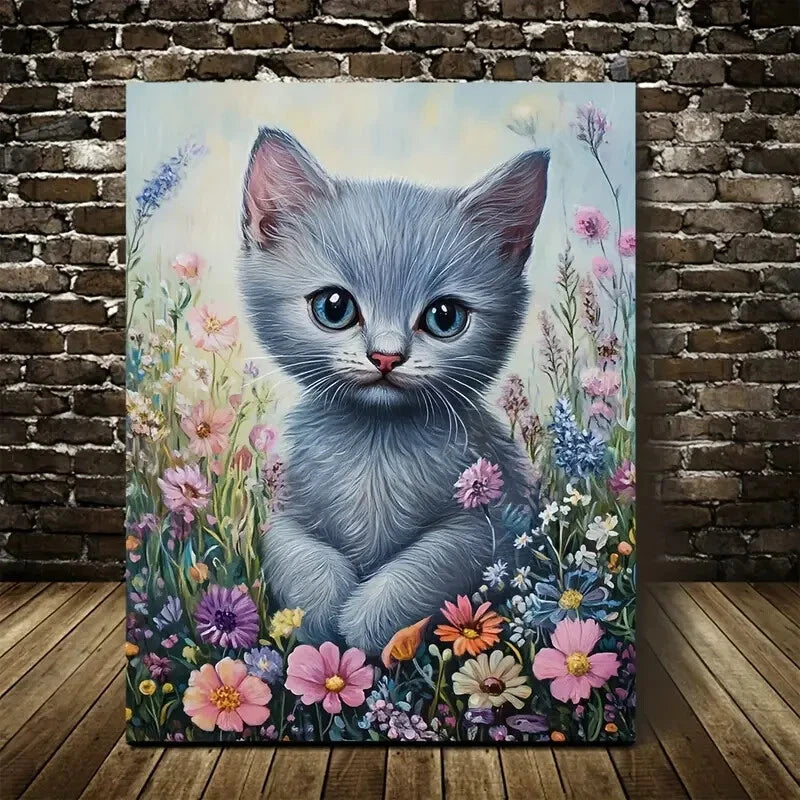 Adorable Russian Blue Kitten with Flowers Painting 40x60cm Metal Print Ready to Hang - Bella Home Decor