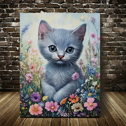 Adorable Russian Blue Kitten with Flowers Painting 40x60cm Metal Print Ready to Hang - Bella Home Decor