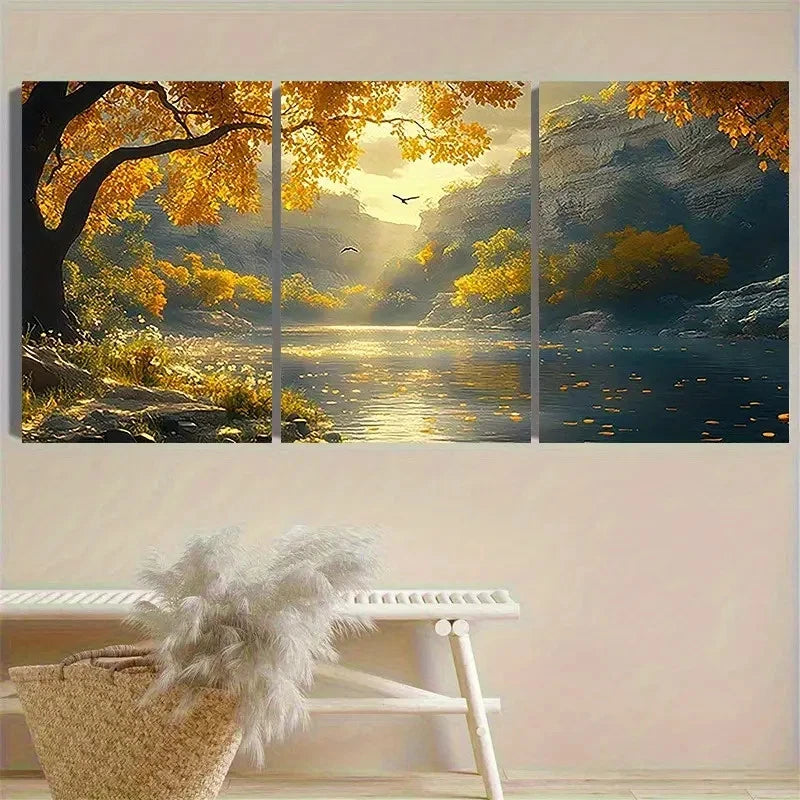 3pcs Autumn Lake with Birds Wall Art Set Canvas Framed 40x60cm - High Quality Print 100% Australian Made Wall Canvas Ready to Hang - Bella Home Decor