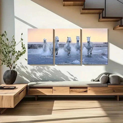 3pcs White Horses Running on the Beach  Wall Art Set Canvas Unframed - High Quality Print 100% Australian Made Wall Canvas