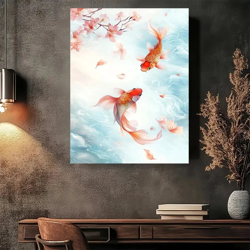 Beautiful Vibrant Orange Koi & Pink Sakura Painting 40x60cm Metal Print Ready to Hang