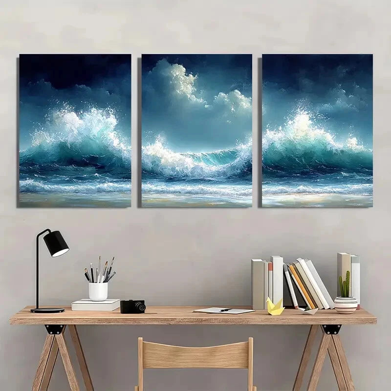 3pcs Stormy Ocean Seascape Watercolor Waves Metal Print Ready to Hang Art - Bella Home Decor