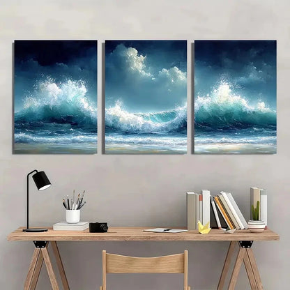 3pcs Stormy Ocean Seascape Watercolor Waves Metal Print Ready to Hang Art - Bella Home Decor
