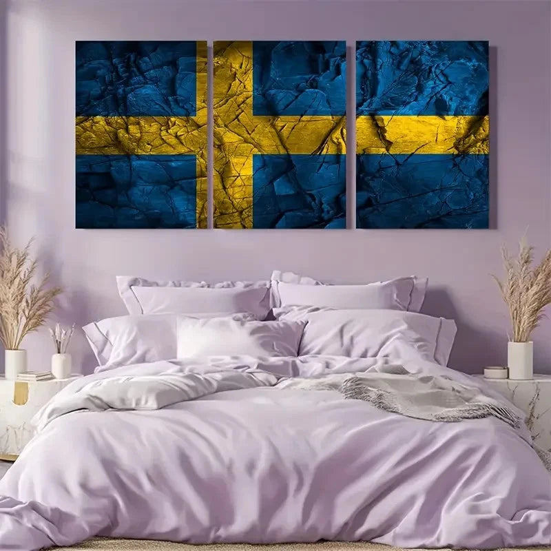 3pcs Sweden Flag Textured Blue & Yellow Wall Art Metal Print Ready to Hang Art