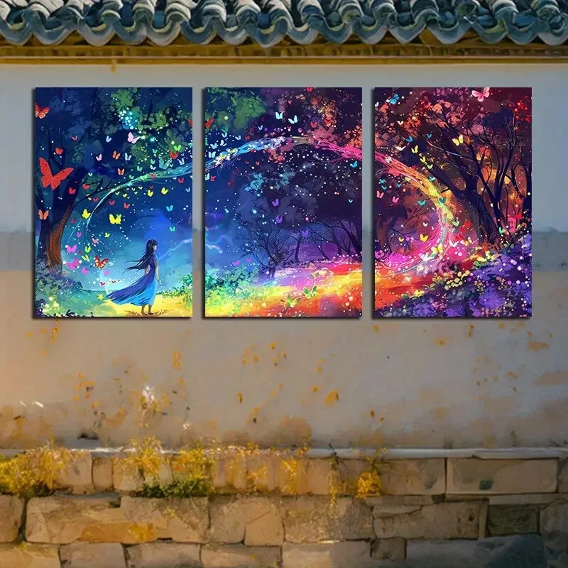 3pcs Vibrant Butterfly Girl Magical Illustration Metal Print Ready to Hang Art - Bella Home Decor