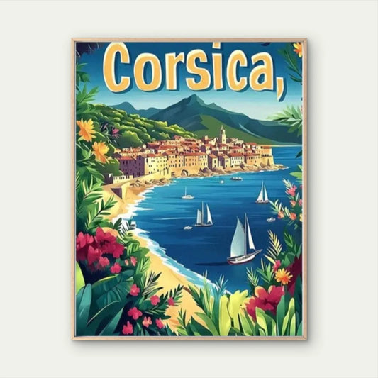 French Island Art with Corsica Landmarks Travel Poster Print Wall Art