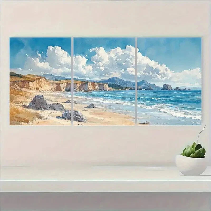 3pcs Watercolor Coastline with Cliffs & Ocean Wave Metal Print Ready to Hang Art - Bella Home Decor