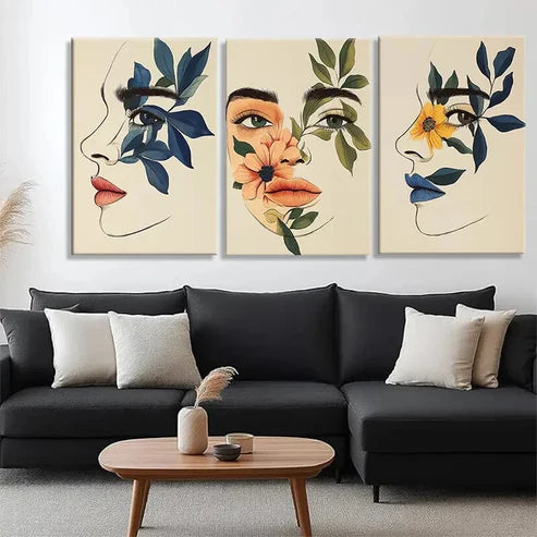 3pcs Abstract Faces & Floral Botanical Perfect Wall Art Canvas Unframed - High Quality Print 100% Australian Made Wall Canvas - Bella Home Decor