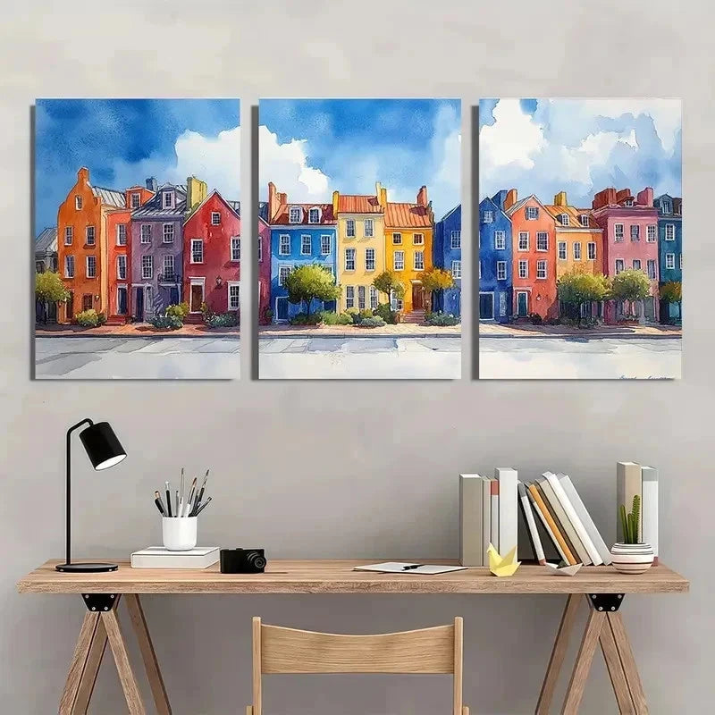 3pcs Rainbow Row Watercolor Charleston Perfect Wall Art Set Canvas Framed 50x70cm - High Quality Print 100% Australian Made Wall Canvas Ready to Hang