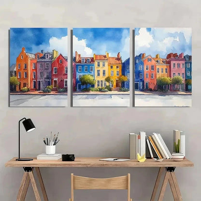 3pcs Rainbow Row Watercolor Charleston Perfect Wall Art Set Canvas Framed 50x70cm - High Quality Print 100% Australian Made Wall Canvas Ready to Hang