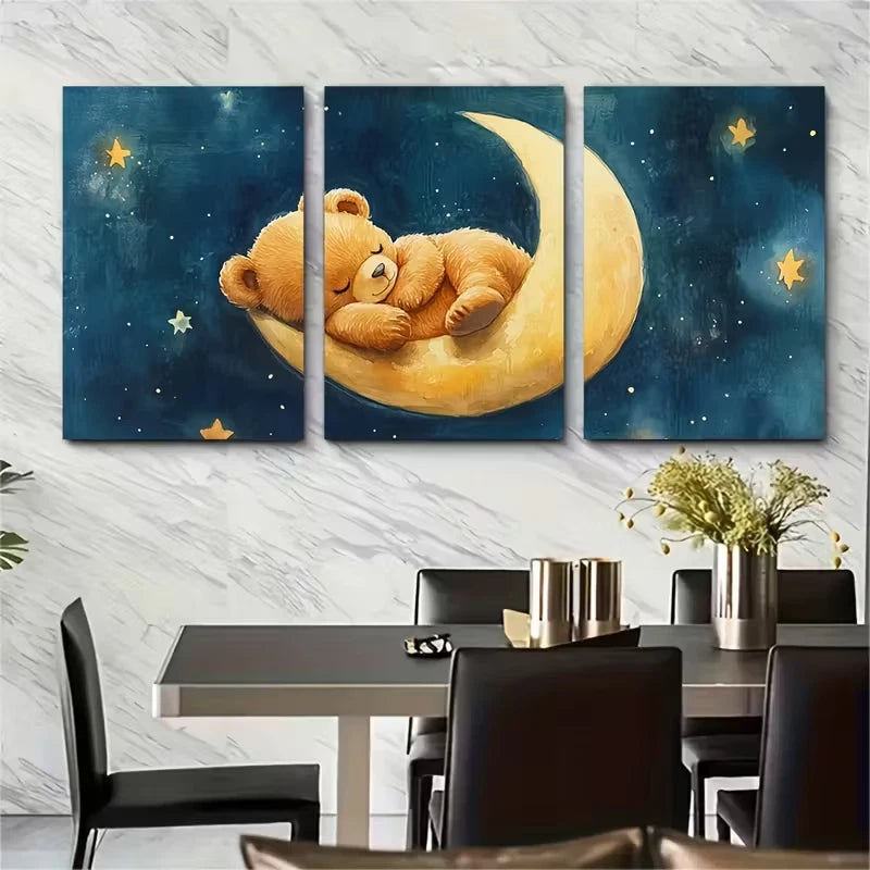 3pcs Cute Watercolor Teddy Bear Napping on Moon Metal Print Ready to Hang Art - Bella Home Decor