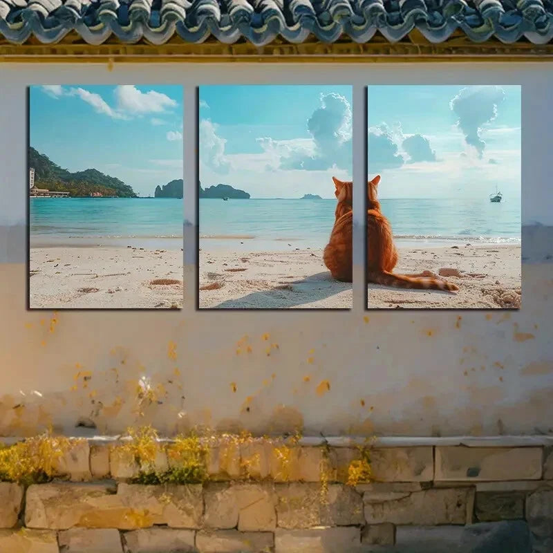 3pcs Very Cute Little Cat Is Resting By The Shore Metal Print Ready to Hang Art - Bella Home Decor