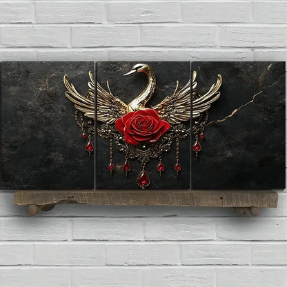3pcs Red Rose And Golden Swan Bird Themed Metal Print Ready to Hang Art - Bella Home Decor