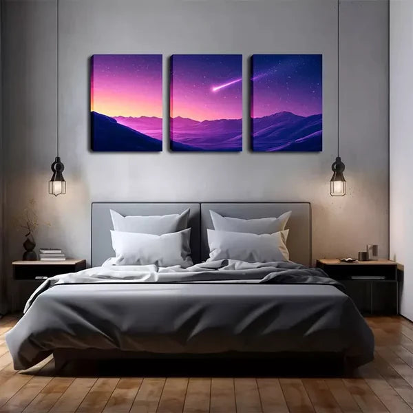 3pcs Purple Sky, Comet, Attractive Artwork Wall Art Set Canvas Framed 60x90cm - High Quality Print 100% Australian Made Wall Canvas Ready to Hang - Bella Home Decor