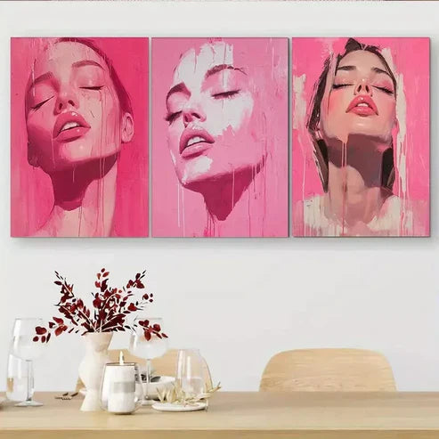 3 PCS Pink Female Portrait Triptych Wall Art Set Canvas Unframed - High Quality Print 100% Australian Made Wall Canvas