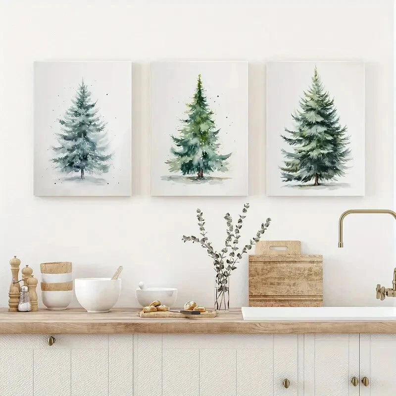 3pcs Christmas Tree Evergreen Wall Art Metal Print Ready to Hang Art - Bella Home Decor