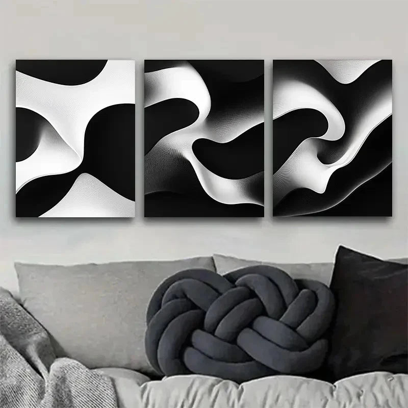 3pcs Black and White Abstract Flowing Wave Metal Print Ready to Hang Art - Bella Home Decor