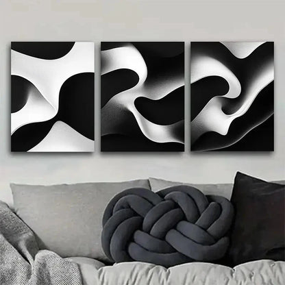 3pcs Black and White Abstract Flowing Wave Metal Print Ready to Hang Art - Bella Home Decor