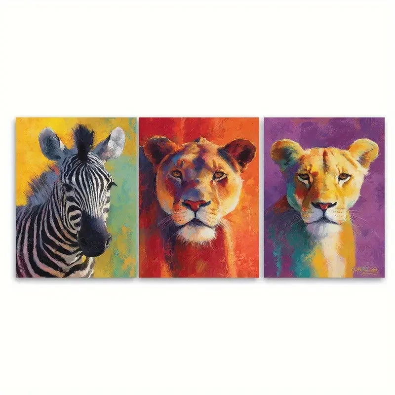 3pcs Lion and Zebra Vibrant Illustrationn Wall Art Set Canvas Framed 40x60cm - High Quality Print 100% Australian Made Wall Canvas Ready to Hang