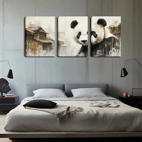 3pcs Charming Panda Traditional Building Perfect Wall Art Canvas Unframed - High Quality Print 100% Australian Made Wall Canvas - Bella Home Decor