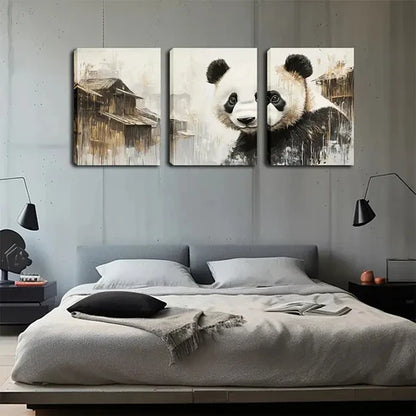 3pcs Charming Panda Traditional Building Perfect Wall Art Canvas Unframed - High Quality Print 100% Australian Made Wall Canvas - Bella Home Decor