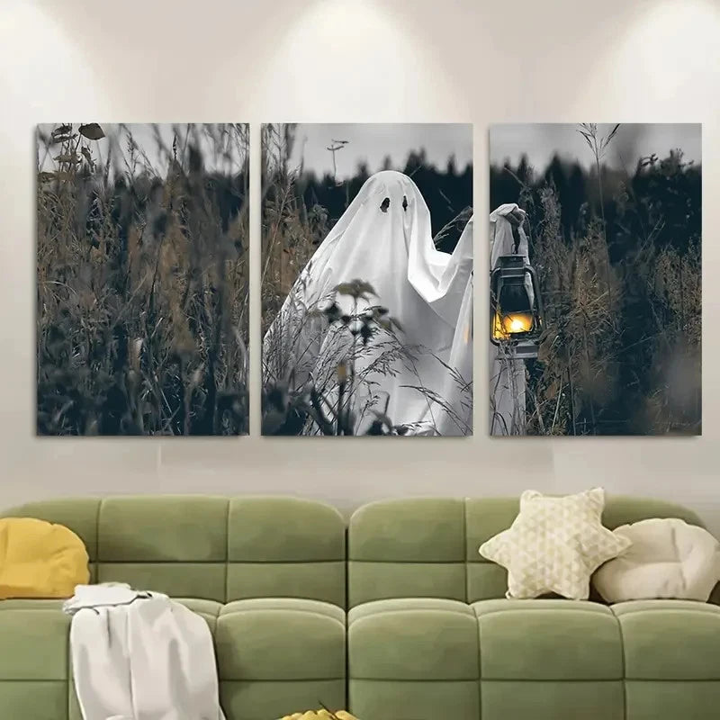 3pcs Spooky Ghost in Fields with Lantern Metal Print Ready to Hang Art