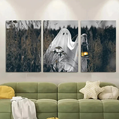 3pcs Spooky Ghost in Fields with Lantern Metal Print Ready to Hang Art