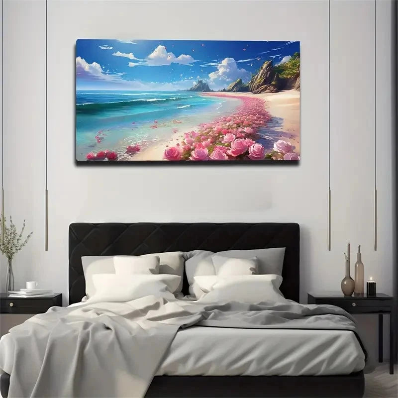 Romantic Rose & Ocean View Wall Art Canvas Office Home Room Framed 120x60cm