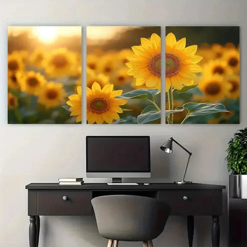 3pcs Golden Yellow Sunflowers Illustration Wall Art Set Canvas Unframed - High Quality Print 100% Australian Made Wall Canvas ( - Bella Home Decor