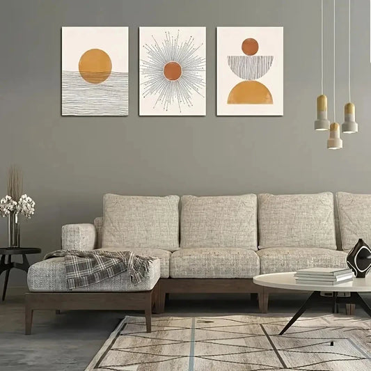 3pcs Geometric Orange Sun Rising Metal Print Ready to Hang Art