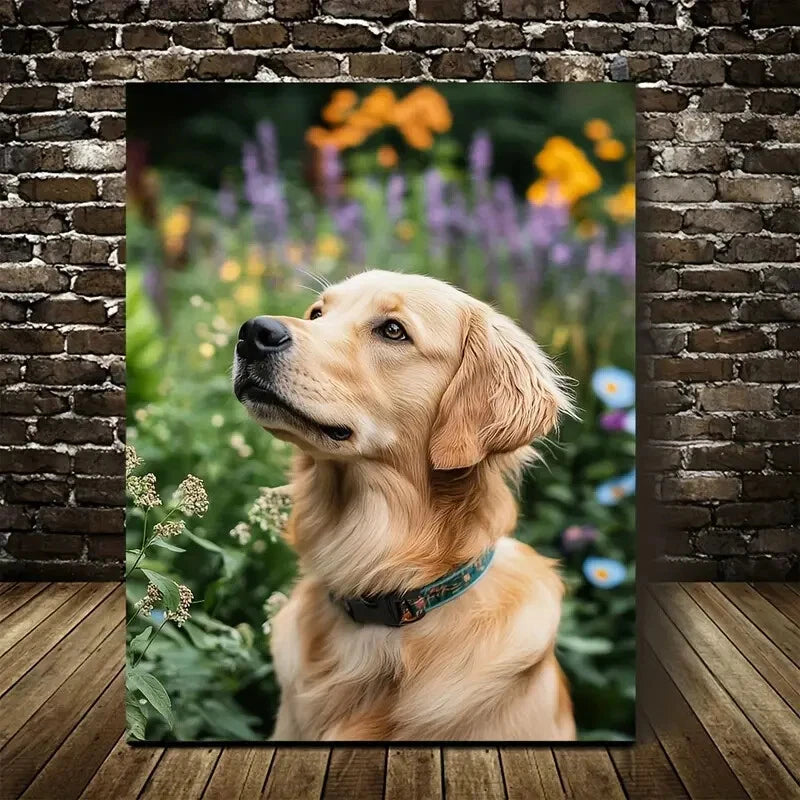 Charming Golden Retriever Dog with Vibrant Flowers 40x60cm Metal Print Ready to Hang - Bella Home Decor