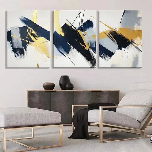 3pcs Navy Blue and Golden Brushstroke Perfect Wall Art Set Canvas Framed 60x90cm - High Quality Print 100% Australian Made Wall Canvas Ready to Hang