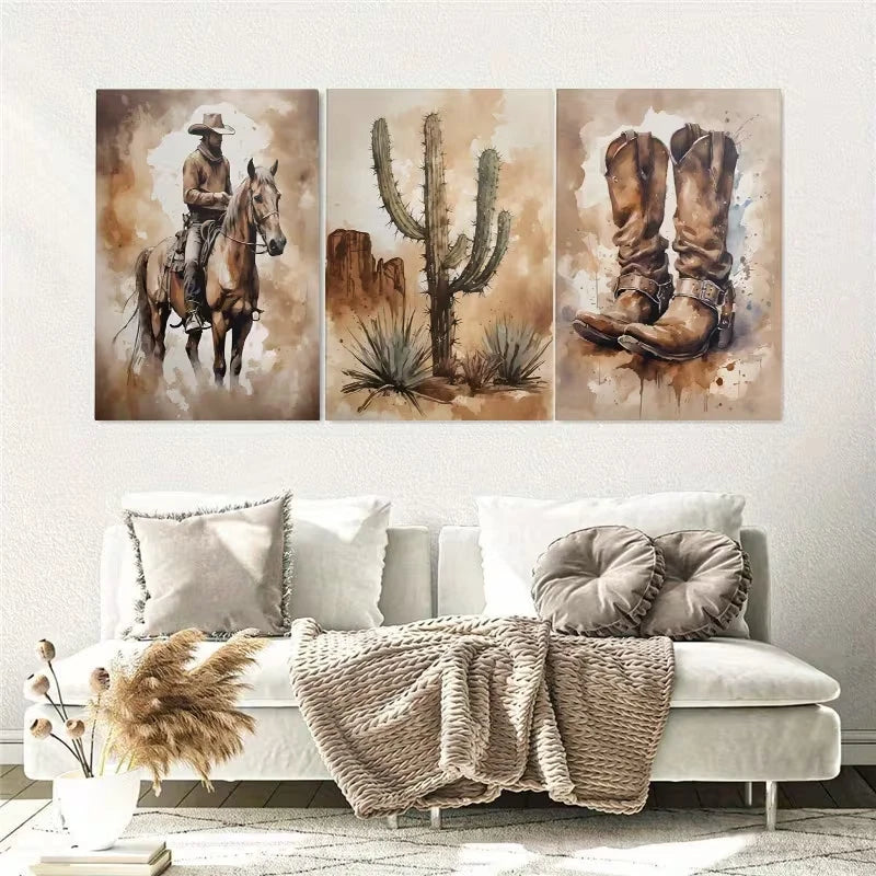 3pcs Vintage Cowboy Painting Wall Art Set Canvas Framed 60x90cm – High Quality Print, 100% Australian Made, Ready to Hang - Bella Home Decor