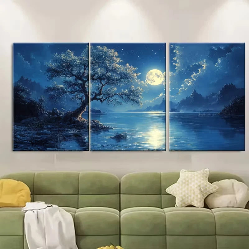 3pcs Blooming Tree & Moonlit Lake Scene Metal Print Ready to Hang Art - Bella Home Decor