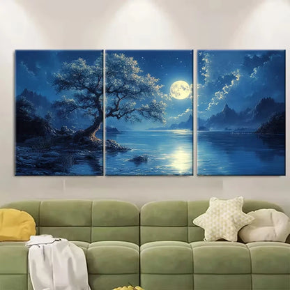 3pcs Blooming Tree & Moonlit Lake Scene Metal Print Ready to Hang Art - Bella Home Decor