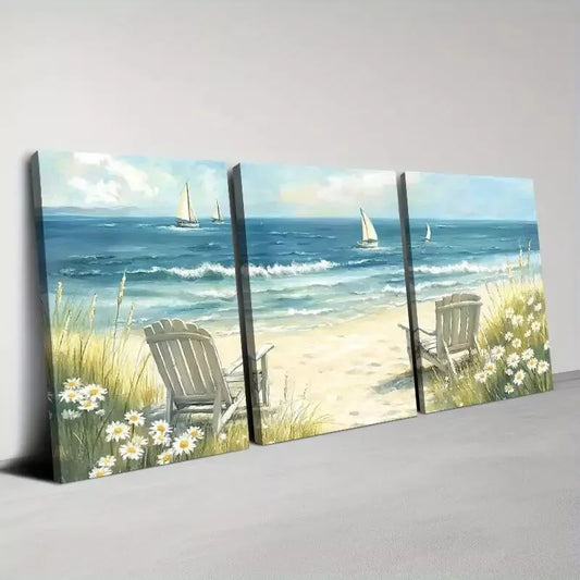 3pcs Abstract Beach And Ocean Waves with Florals Wall Art Set Canvas Framed 50x70cm - High Quality Print 100% Australian Made Wall Canvas Ready to Hang