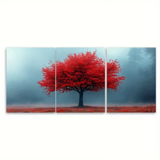 3pcs Red Tree with Misty Morning Sky Metal Print Ready to Hang Art